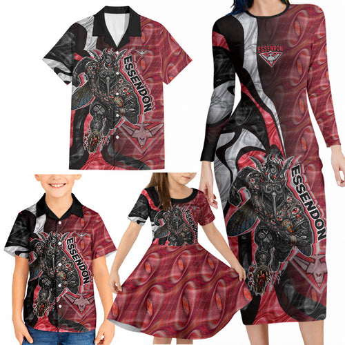 Personalised Essendon Bombers Family Matching Long Sleeve Bodycon Dress and Hawaiian Shirt Trippy Psychedelic Abstract Art Mascot Football Fans