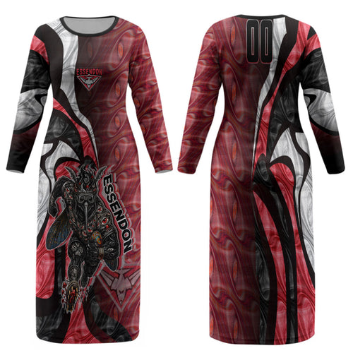 Personalised Essendon Bombers Family Matching Long Sleeve Bodycon Dress and Hawaiian Shirt Trippy Psychedelic Abstract Art Mascot Football Fans