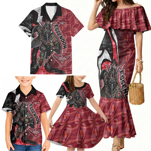 Personalised Essendon Bombers Family Matching Mermaid Dress and Hawaiian Shirt Trippy Psychedelic Abstract Art Mascot Football Fans