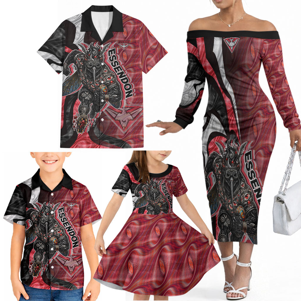 Personalised Essendon Bombers Family Matching Off The Shoulder Long Sleeve Dress and Hawaiian Shirt Trippy Psychedelic Abstract Art Mascot Football Fans