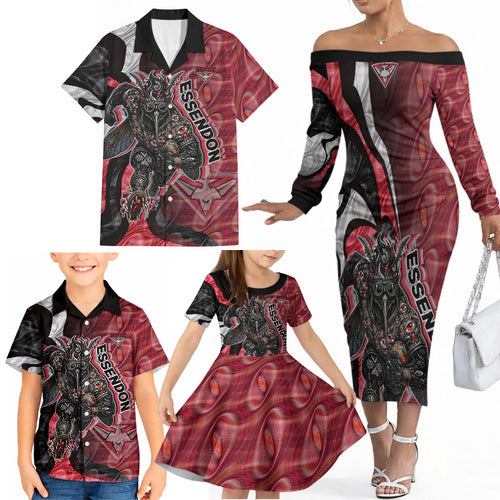 Personalised Essendon Bombers Family Matching Off The Shoulder Long Sleeve Dress and Hawaiian Shirt Trippy Psychedelic Abstract Art Mascot Football Fans