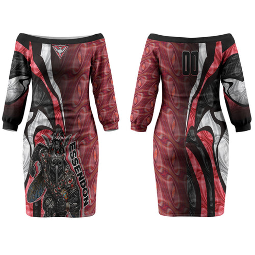 Personalised Essendon Bombers Family Matching Off The Shoulder Long Sleeve Dress and Hawaiian Shirt Trippy Psychedelic Abstract Art Mascot Football Fans