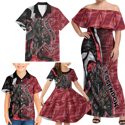 Personalised Essendon Bombers Family Matching Off Shoulder Maxi Dress and Hawaiian Shirt Trippy Psychedelic Abstract Art Mascot Football Fans