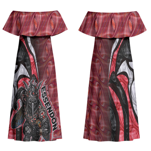 Personalised Essendon Bombers Family Matching Off Shoulder Maxi Dress and Hawaiian Shirt Trippy Psychedelic Abstract Art Mascot Football Fans
