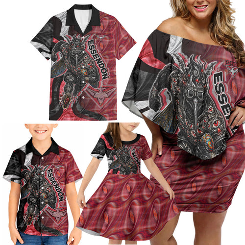 Personalised Essendon Bombers Family Matching Off Shoulder Short Dress and Hawaiian Shirt Trippy Psychedelic Abstract Art Mascot Football Fans