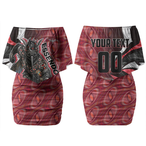 Personalised Essendon Bombers Family Matching Off Shoulder Short Dress and Hawaiian Shirt Trippy Psychedelic Abstract Art Mascot Football Fans
