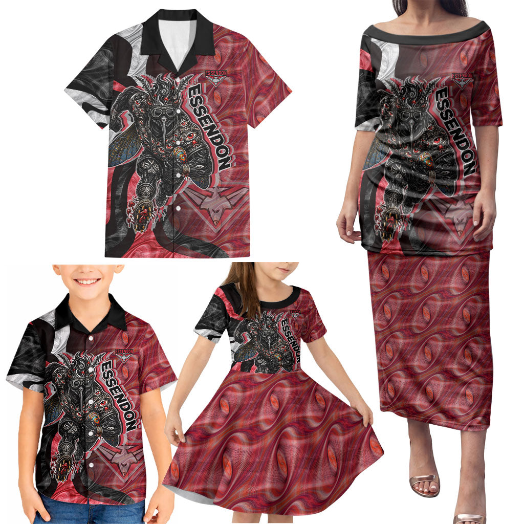 Personalised Essendon Bombers Family Matching Puletasi and Hawaiian Shirt Trippy Psychedelic Abstract Art Mascot Football Fans