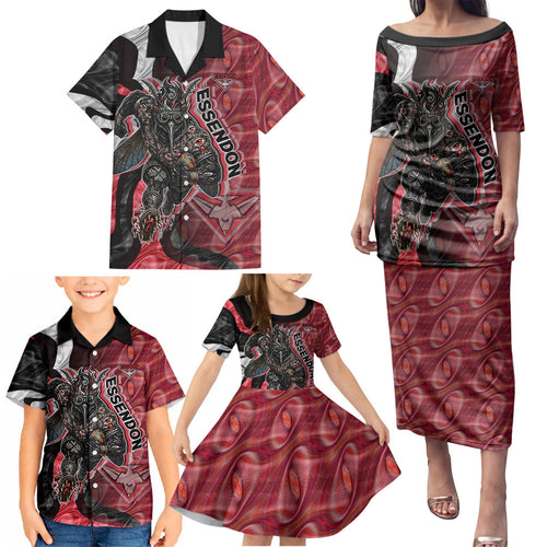 Personalised Essendon Bombers Family Matching Puletasi and Hawaiian Shirt Trippy Psychedelic Abstract Art Mascot Football Fans