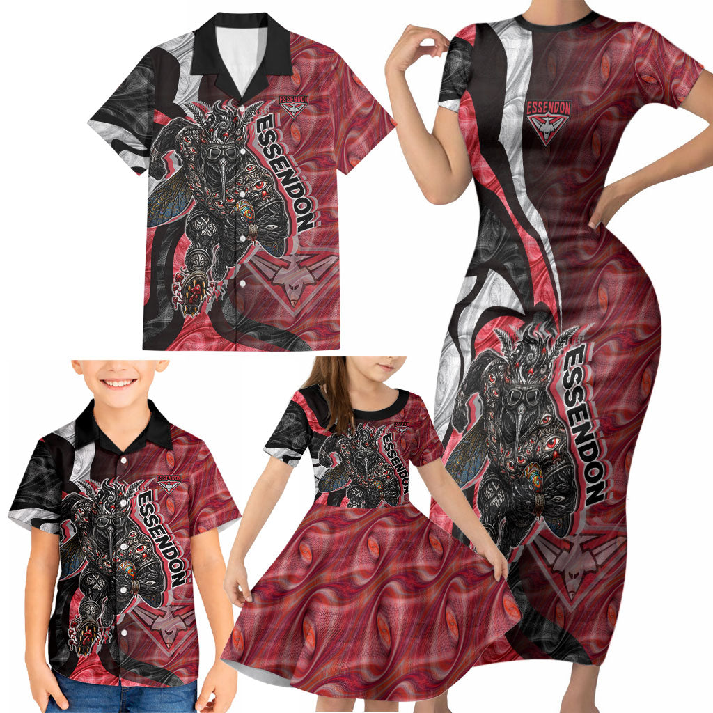 Personalised Essendon Bombers Family Matching Short Sleeve Bodycon Dress and Hawaiian Shirt Trippy Psychedelic Abstract Art Mascot Football Fans