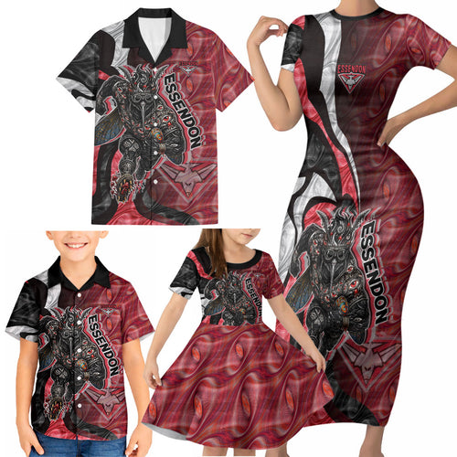 Personalised Essendon Bombers Family Matching Short Sleeve Bodycon Dress and Hawaiian Shirt Trippy Psychedelic Abstract Art Mascot Football Fans