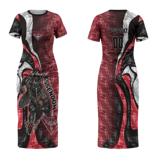 Personalised Essendon Bombers Family Matching Short Sleeve Bodycon Dress and Hawaiian Shirt Trippy Psychedelic Abstract Art Mascot Football Fans