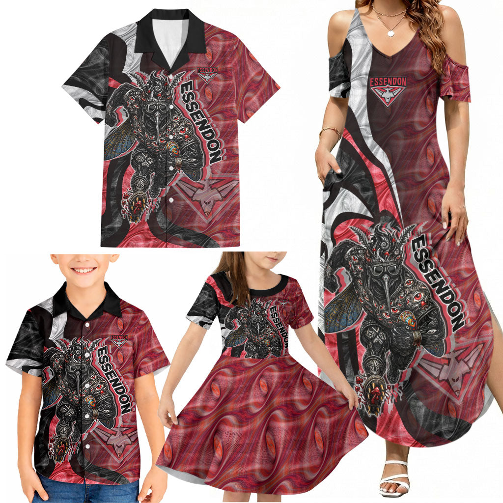Personalised Essendon Bombers Family Matching Summer Maxi Dress and Hawaiian Shirt Trippy Psychedelic Abstract Art Mascot Football Fans