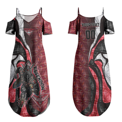 Personalised Essendon Bombers Family Matching Summer Maxi Dress and Hawaiian Shirt Trippy Psychedelic Abstract Art Mascot Football Fans