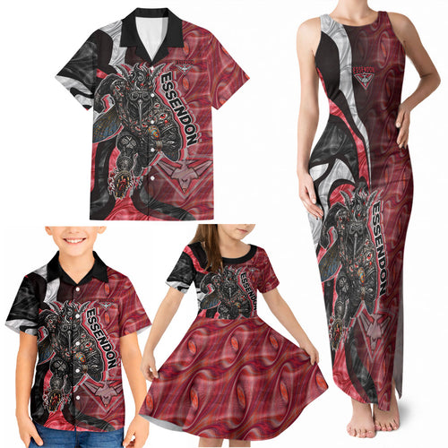 Personalised Essendon Bombers Family Matching Tank Maxi Dress and Hawaiian Shirt Trippy Psychedelic Abstract Art Mascot Football Fans