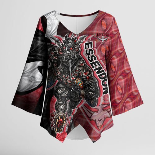 Personalised Essendon Bombers Kimono Sleeve Blouse Trippy Psychedelic Abstract Art Mascot Football Fans