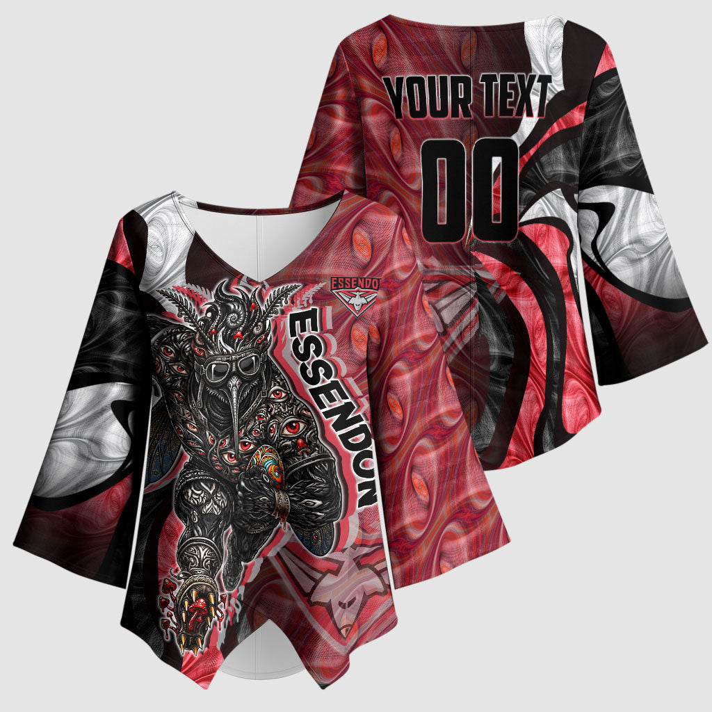 Personalised Essendon Bombers Kimono Sleeve Blouse Trippy Psychedelic Abstract Art Mascot Football Fans