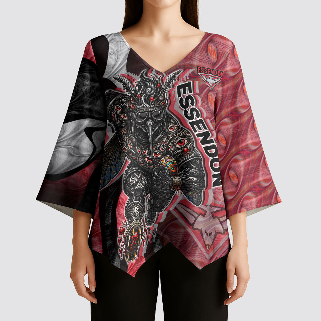 Personalised Essendon Bombers Kimono Sleeve Blouse Trippy Psychedelic Abstract Art Mascot Football Fans