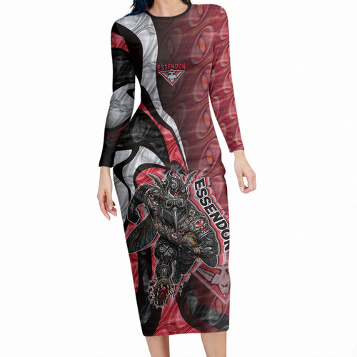 Personalised Essendon Bombers Long Sleeve Bodycon Dress Trippy Psychedelic Abstract Art Mascot Football Fans
