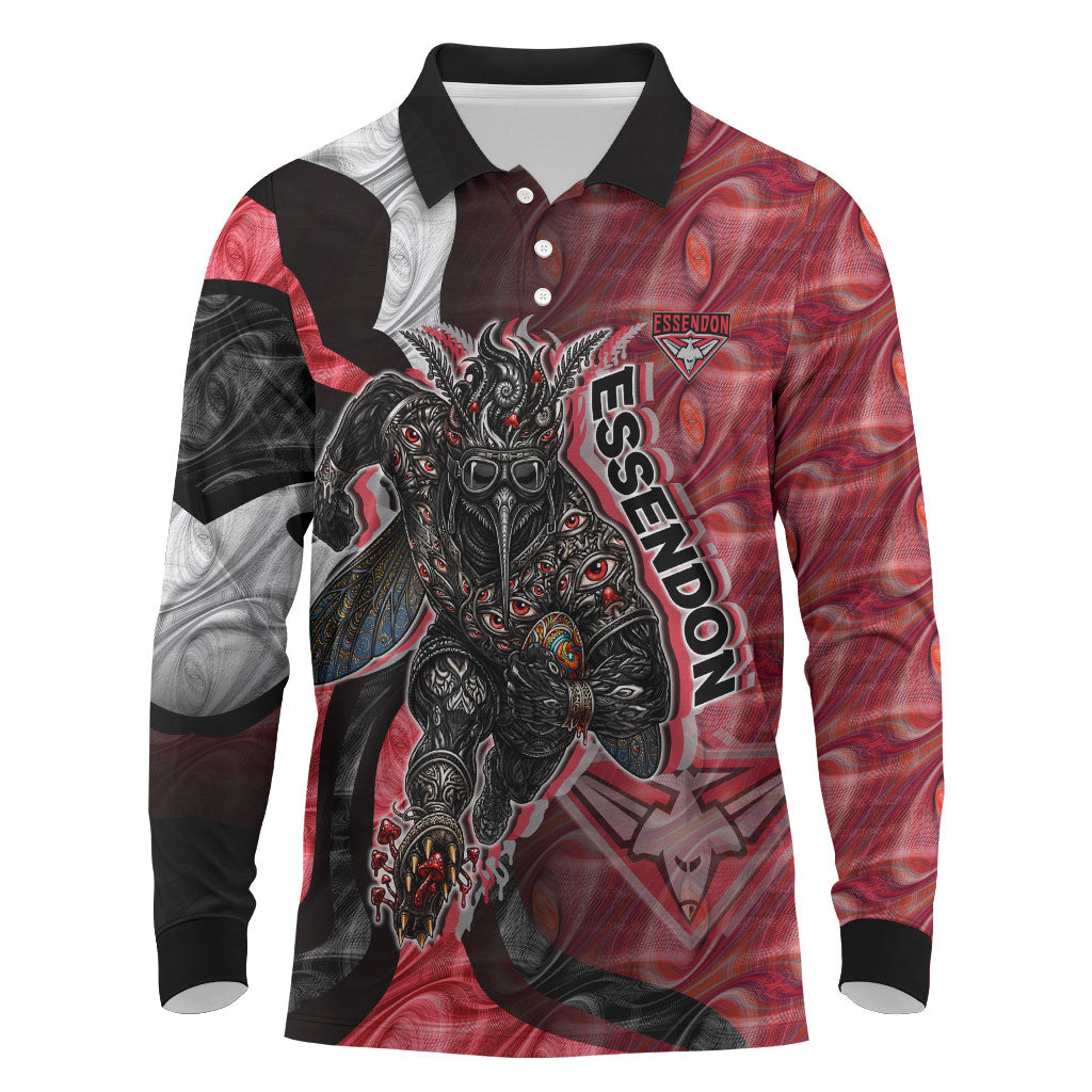 Personalised Essendon Bombers Long Sleeve Polo Shirt Trippy Psychedelic Abstract Art Mascot Football Fans