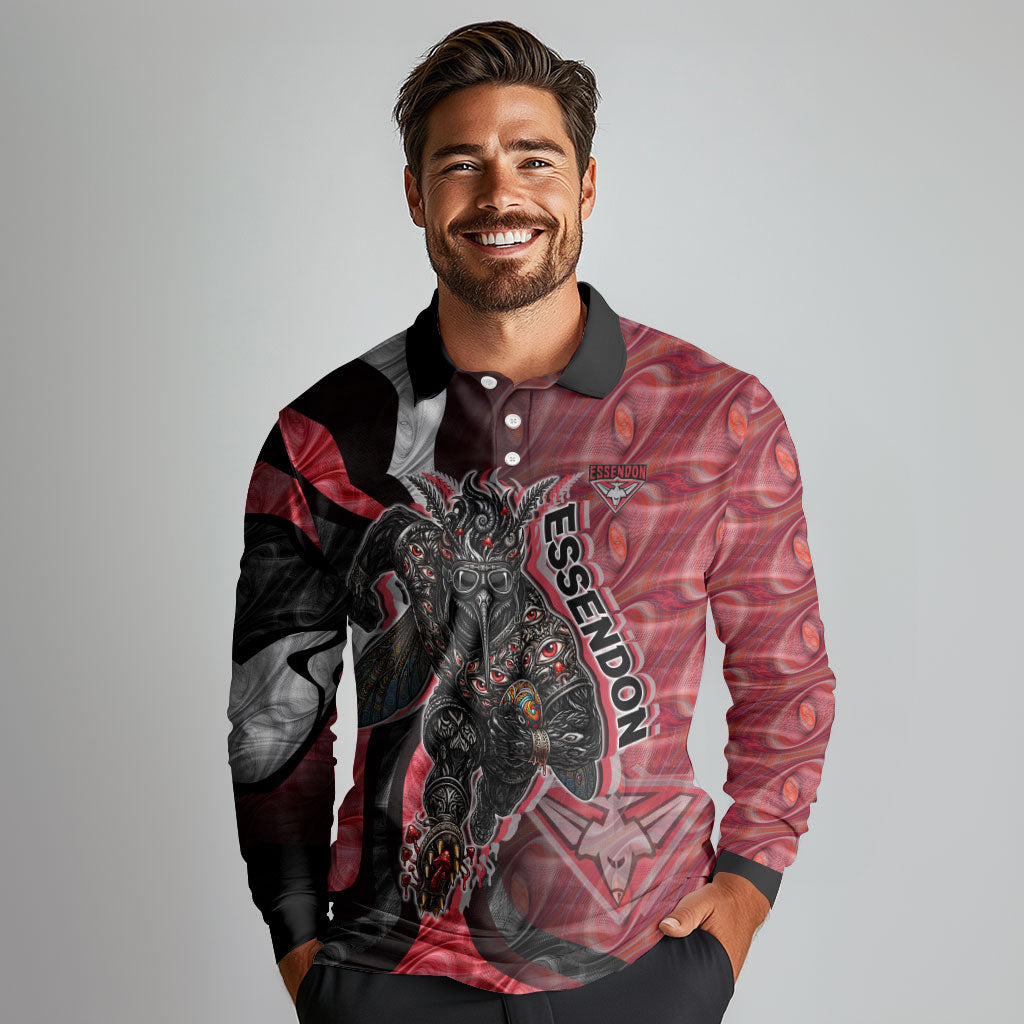 Personalised Essendon Bombers Long Sleeve Polo Shirt Trippy Psychedelic Abstract Art Mascot Football Fans