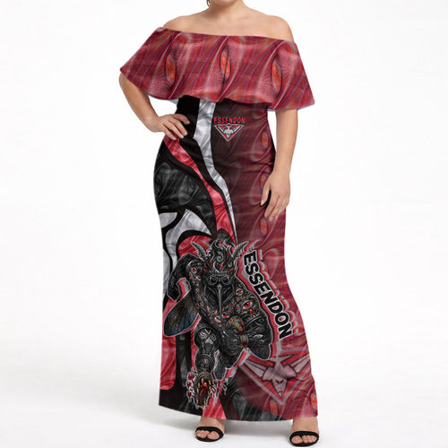 Personalised Essendon Bombers Off Shoulder Maxi Dress Trippy Psychedelic Abstract Art Mascot Football Fans