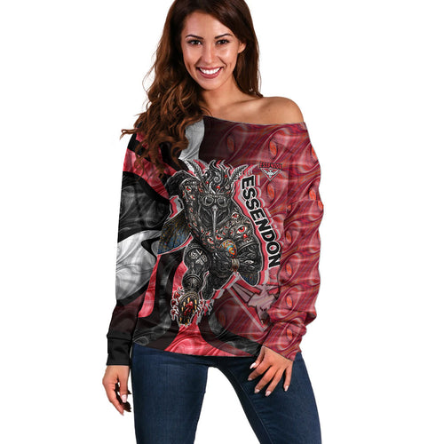 Personalised Essendon Bombers Off Shoulder Sweater Trippy Psychedelic Abstract Art Mascot Football Fans