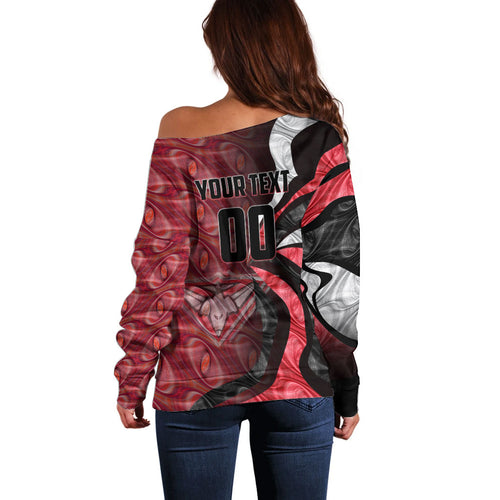 Personalised Essendon Bombers Off Shoulder Sweater Trippy Psychedelic Abstract Art Mascot Football Fans