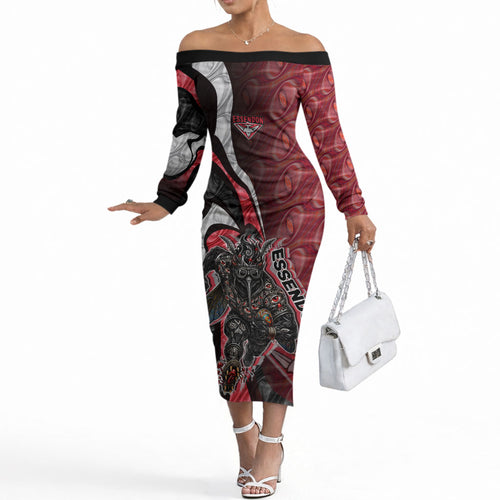 Personalised Essendon Bombers Off The Shoulder Long Sleeve Dress Trippy Psychedelic Abstract Art Mascot Football Fans