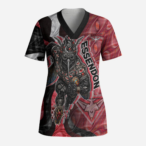 Personalised Essendon Bombers Scrub Top Trippy Psychedelic Abstract Art Mascot Football Fans