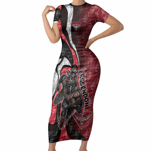 Personalised Essendon Bombers Short Sleeve Bodycon Dress Trippy Psychedelic Abstract Art Mascot Football Fans