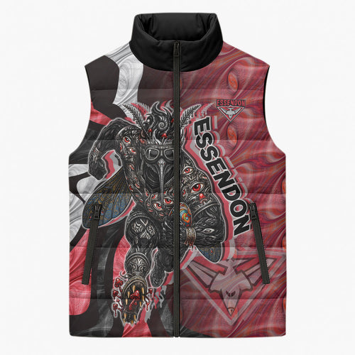 Personalised Essendon Bombers Sleeveless Puffer Jacket Trippy Psychedelic Abstract Art Mascot Football Fans