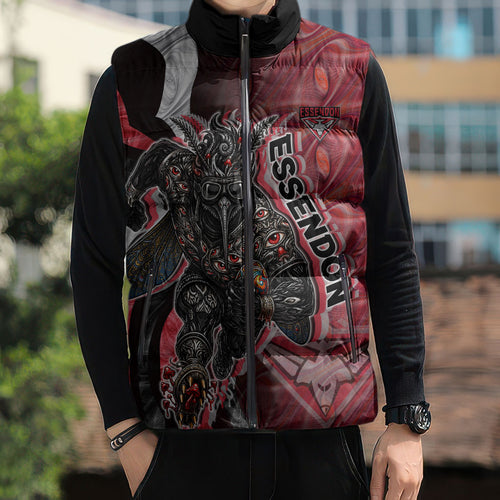 Personalised Essendon Bombers Sleeveless Puffer Jacket Trippy Psychedelic Abstract Art Mascot Football Fans