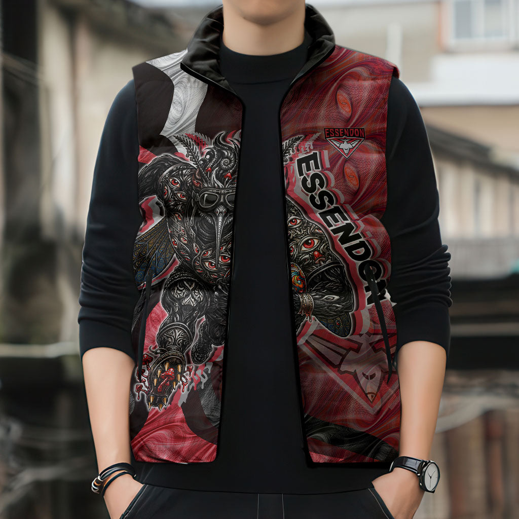 Personalised Essendon Bombers Sleeveless Puffer Jacket Trippy Psychedelic Abstract Art Mascot Football Fans