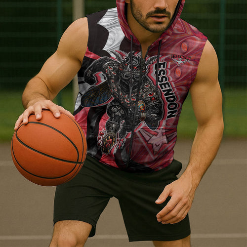 Personalised Essendon Bombers Sleeveless Zip Hoodie Trippy Psychedelic Abstract Art Mascot Football Fans