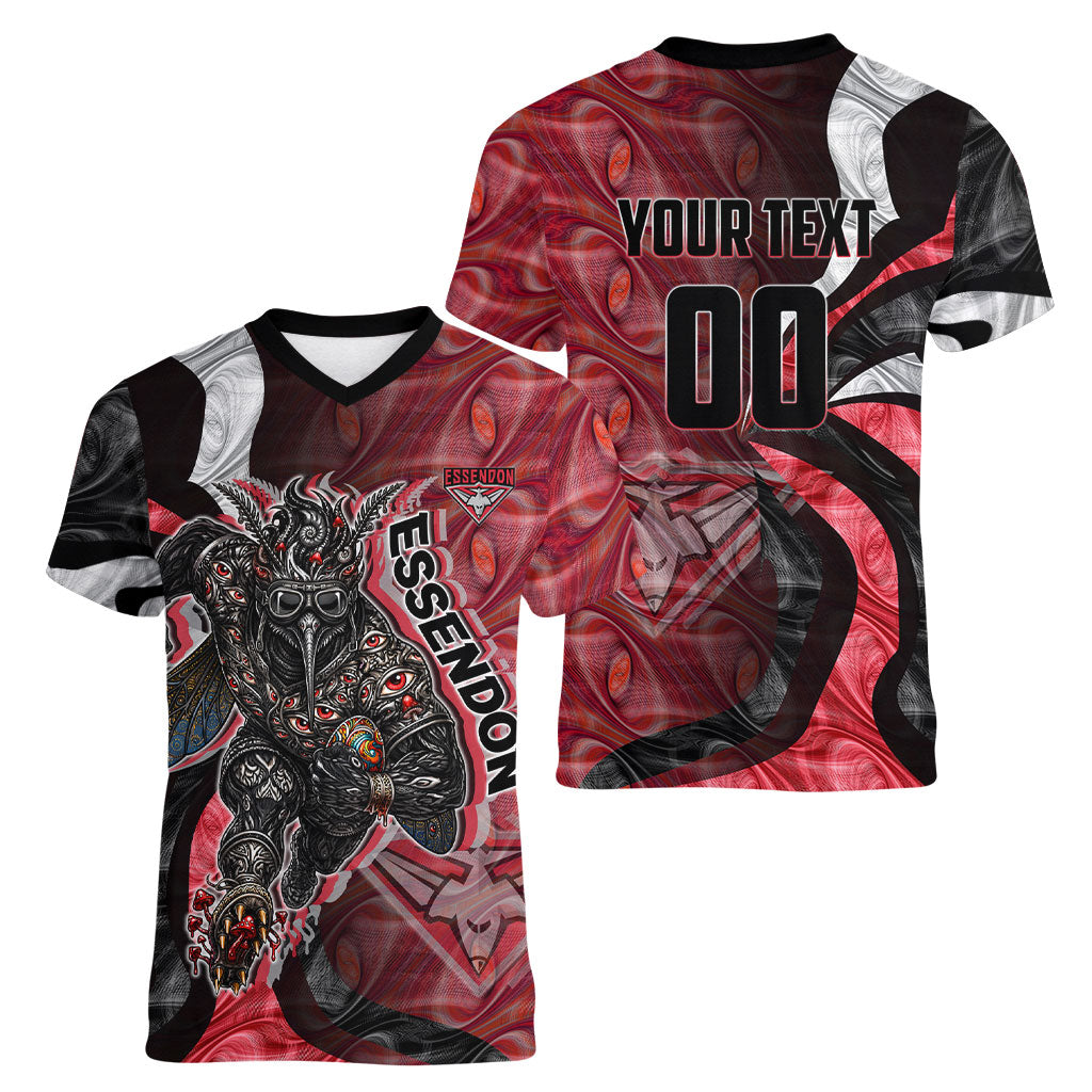 Personalised Essendon Bombers Women V-Neck T-Shirt Trippy Psychedelic Abstract Art Mascot Football Fans