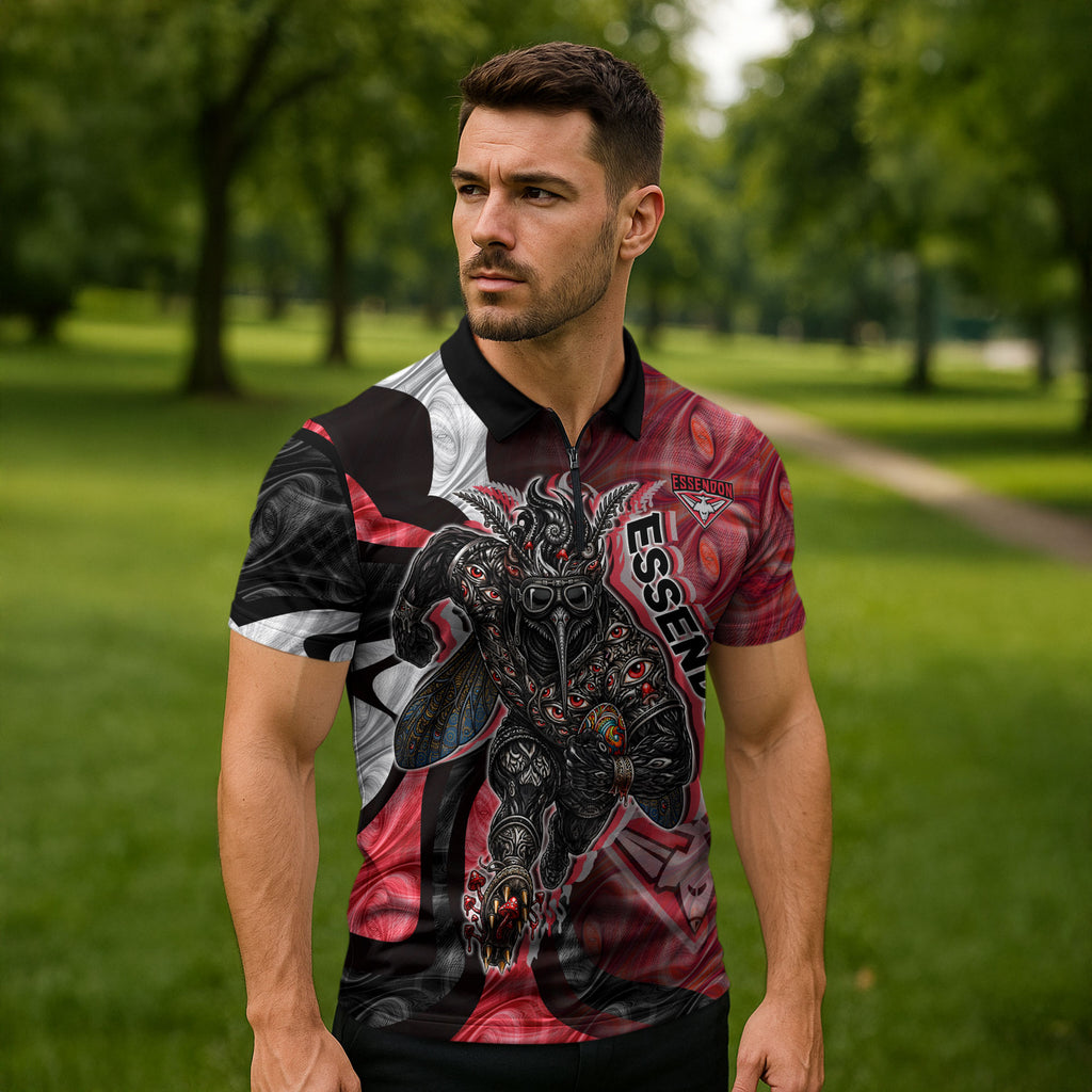 Personalised Essendon Bombers Zipper Polo Shirt Trippy Psychedelic Abstract Art Mascot Football Fans