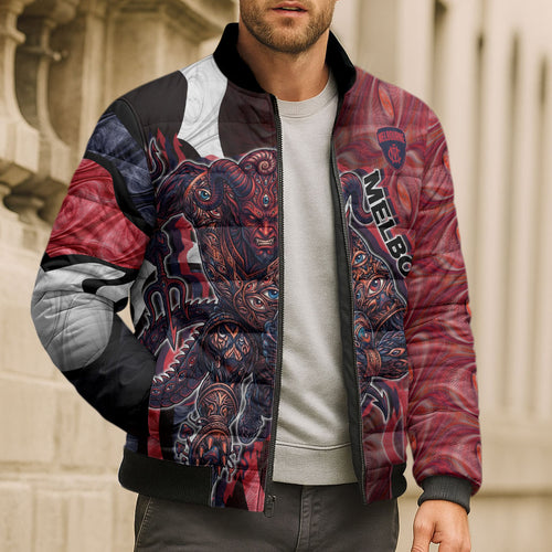 Personalised Melbourne Demons Bomber Puffer Jacket Trippy Psychedelic Abstract Art Mascot Football Fans