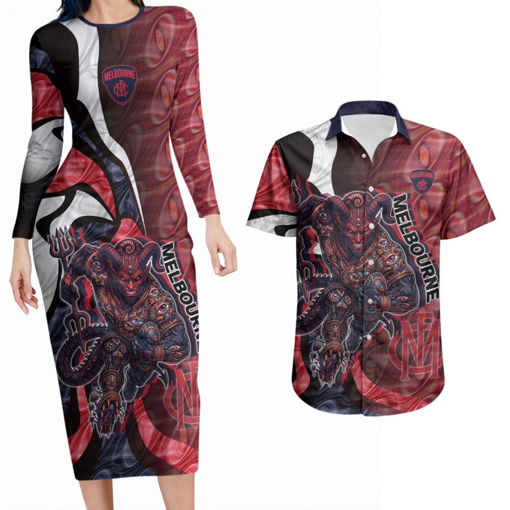 Personalised Melbourne Demons Couples Matching Long Sleeve Bodycon Dress and Hawaiian Shirt Trippy Psychedelic Abstract Art Mascot Football Fans