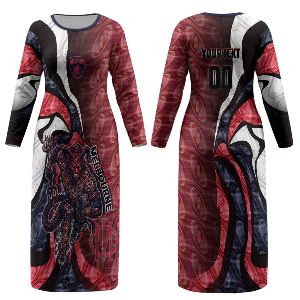 Personalised Melbourne Demons Couples Matching Long Sleeve Bodycon Dress and Hawaiian Shirt Trippy Psychedelic Abstract Art Mascot Football Fans