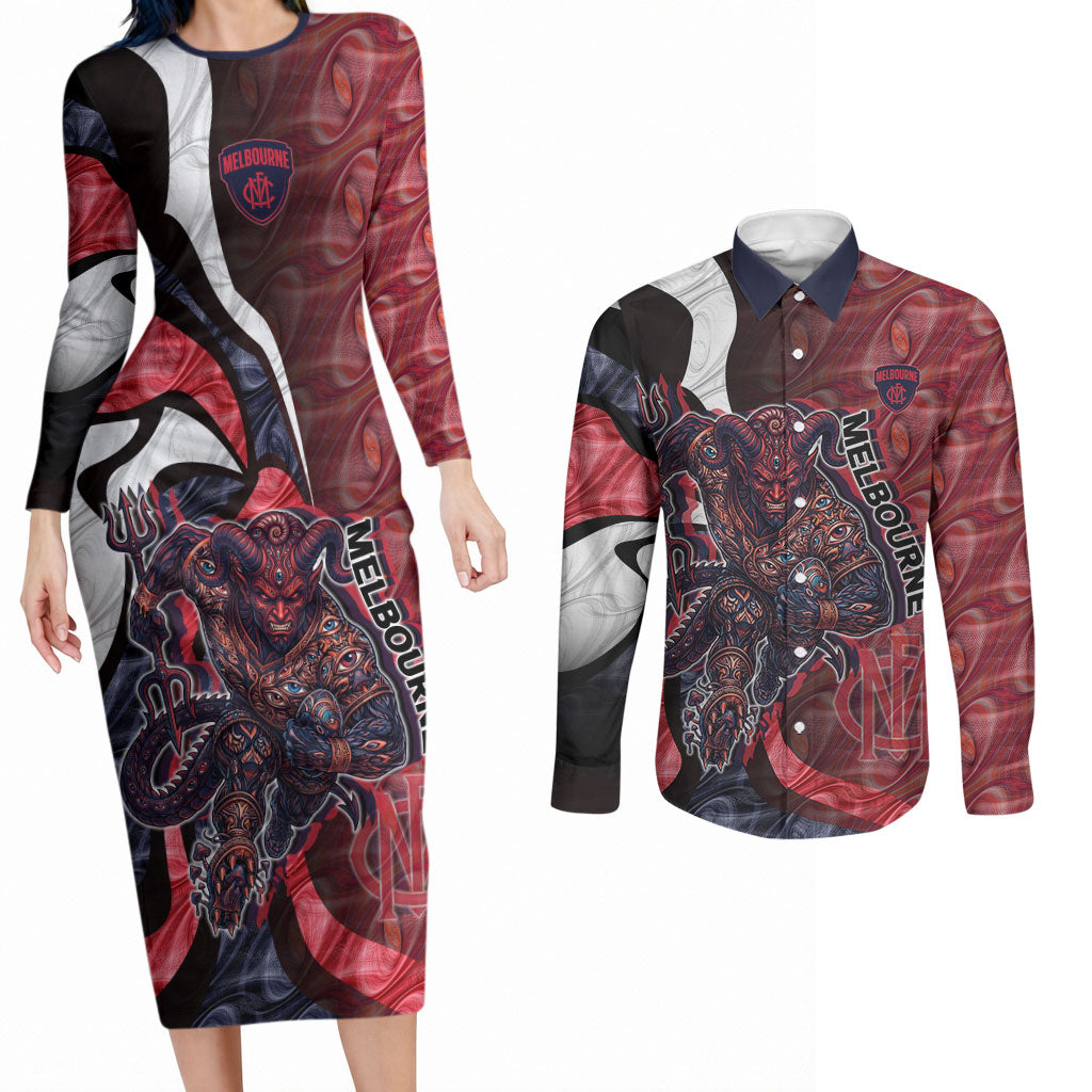 Personalised Melbourne Demons Couples Matching Long Sleeve Bodycon Dress and Long Sleeve Button Shirt Trippy Psychedelic Abstract Art Mascot Football Fans