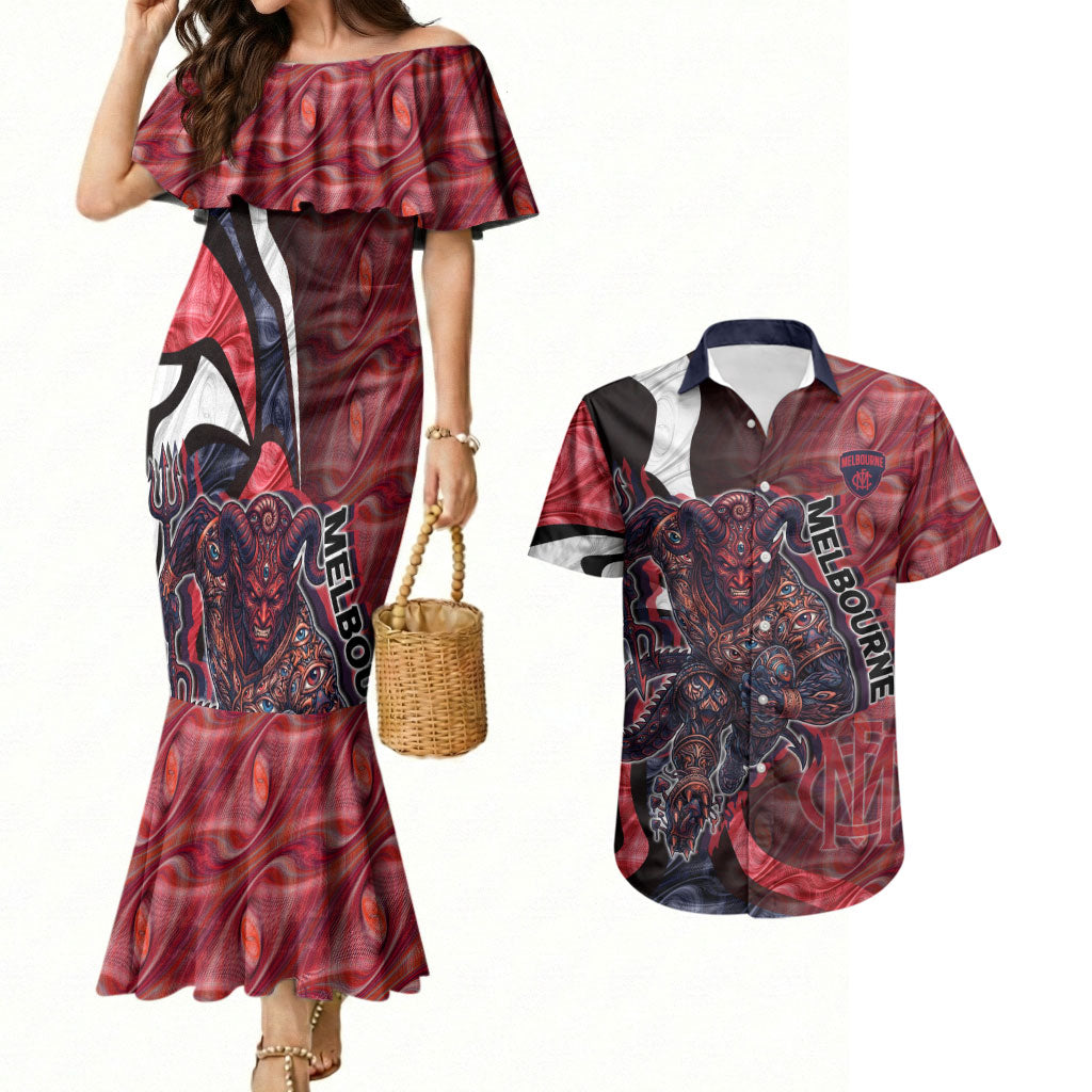Personalised Melbourne Demons Couples Matching Mermaid Dress and Hawaiian Shirt Trippy Psychedelic Abstract Art Mascot Football Fans