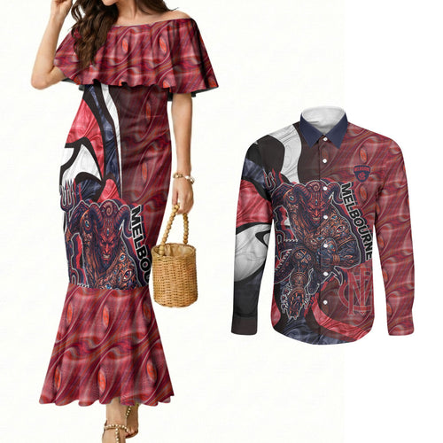 Personalised Melbourne Demons Couples Matching Mermaid Dress and Long Sleeve Button Shirt Trippy Psychedelic Abstract Art Mascot Football Fans