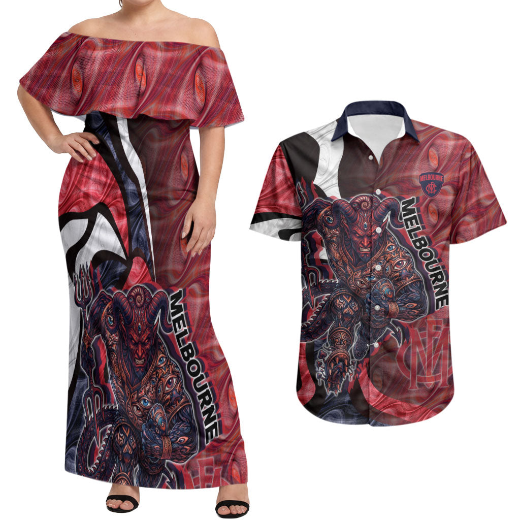 Personalised Melbourne Demons Couples Matching Off Shoulder Maxi Dress and Hawaiian Shirt Trippy Psychedelic Abstract Art Mascot Football Fans