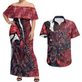 Personalised Melbourne Demons Couples Matching Off Shoulder Maxi Dress and Hawaiian Shirt Trippy Psychedelic Abstract Art Mascot Football Fans