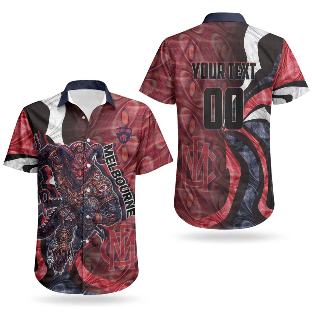 Personalised Melbourne Demons Couples Matching Off Shoulder Maxi Dress and Hawaiian Shirt Trippy Psychedelic Abstract Art Mascot Football Fans