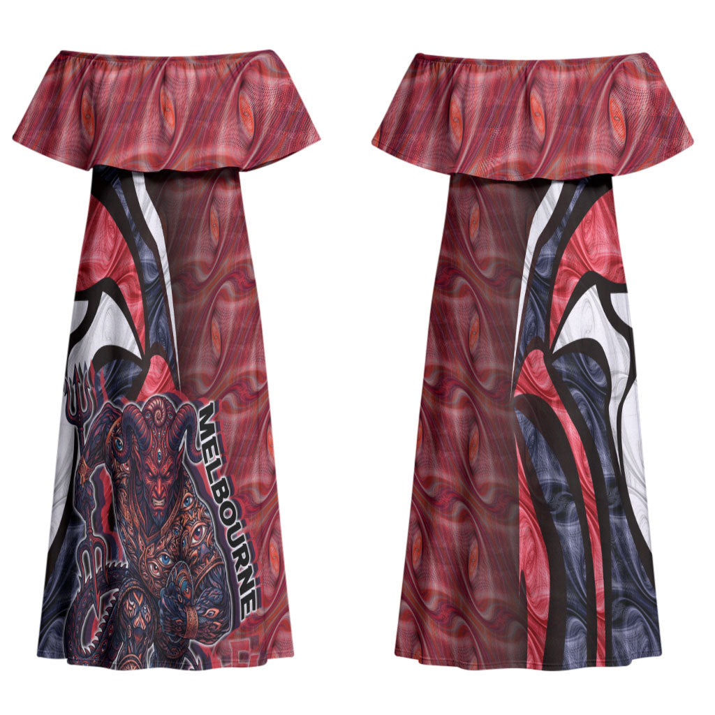 Personalised Melbourne Demons Couples Matching Off Shoulder Maxi Dress and Hawaiian Shirt Trippy Psychedelic Abstract Art Mascot Football Fans