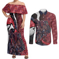 Personalised Melbourne Demons Couples Matching Off Shoulder Maxi Dress and Long Sleeve Button Shirt Trippy Psychedelic Abstract Art Mascot Football Fans