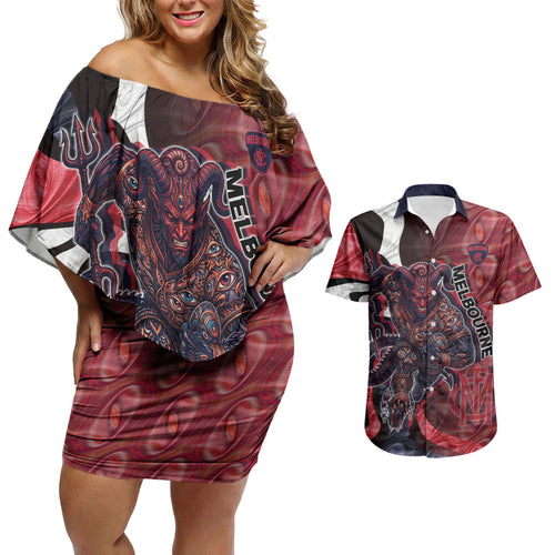 Personalised Melbourne Demons Couples Matching Off Shoulder Short Dress and Hawaiian Shirt Trippy Psychedelic Abstract Art Mascot Football Fans