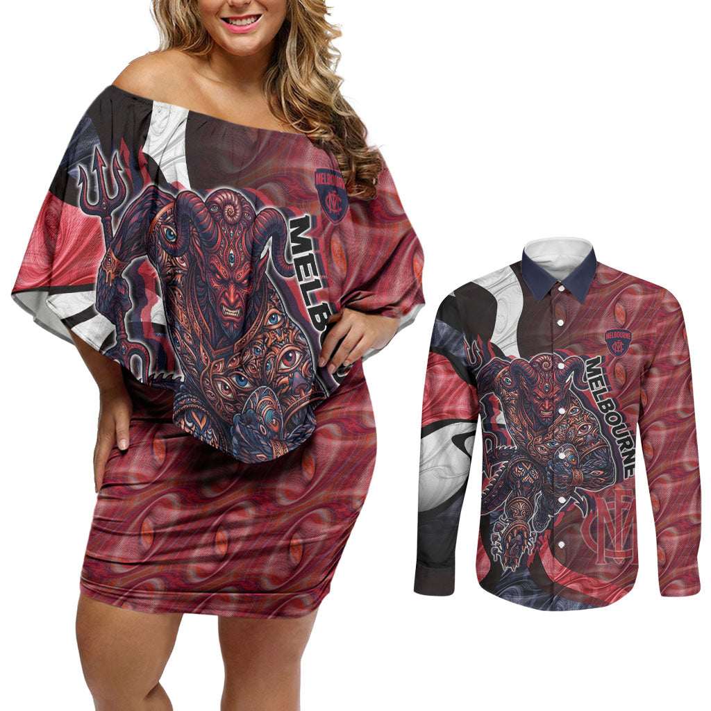 Personalised Melbourne Demons Couples Matching Off Shoulder Short Dress and Long Sleeve Button Shirt Trippy Psychedelic Abstract Art Mascot Football Fans