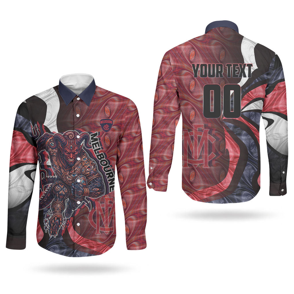 Personalised Melbourne Demons Couples Matching Off Shoulder Short Dress and Long Sleeve Button Shirt Trippy Psychedelic Abstract Art Mascot Football Fans
